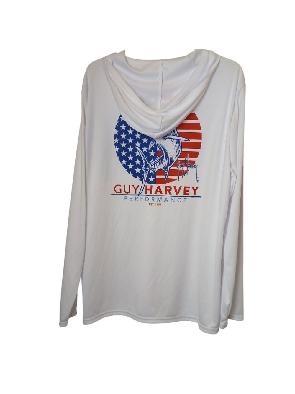 Guy Harvey Large Bright White Hoodie American Flag Marlin LS Fishing Shirt #D-37